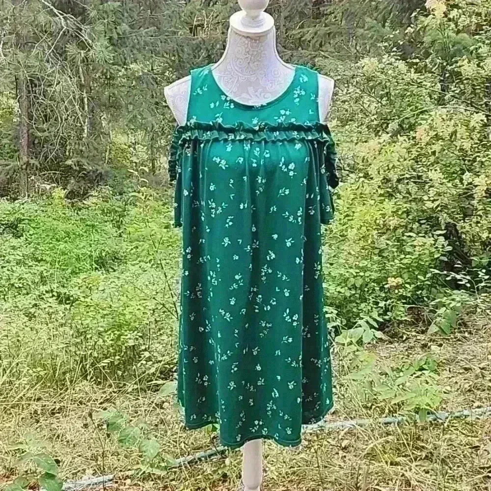 LC Lauren Conrad Green Floral Cold Shoulder Dress Large Easter Spring Wedding - Picture 2 of 6